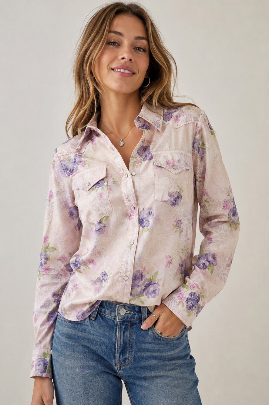 Roper Women's Floral Western Pearl Snap Shirt Pink Purple Paisley Boho M
